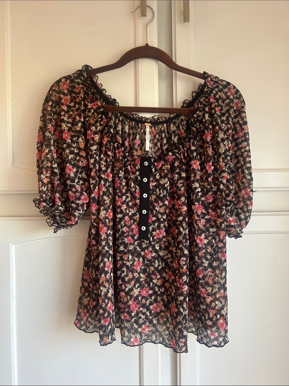 Free People Black Floral Smocked Button Peasant Top